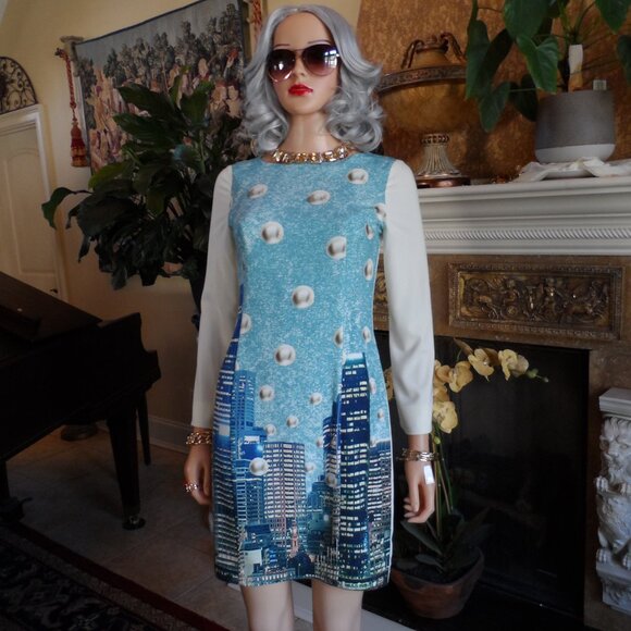Moschino CheapandChic Ivory/Light Blue City Skyline Print A Line Dress Size 6 - Picture 3 of 16